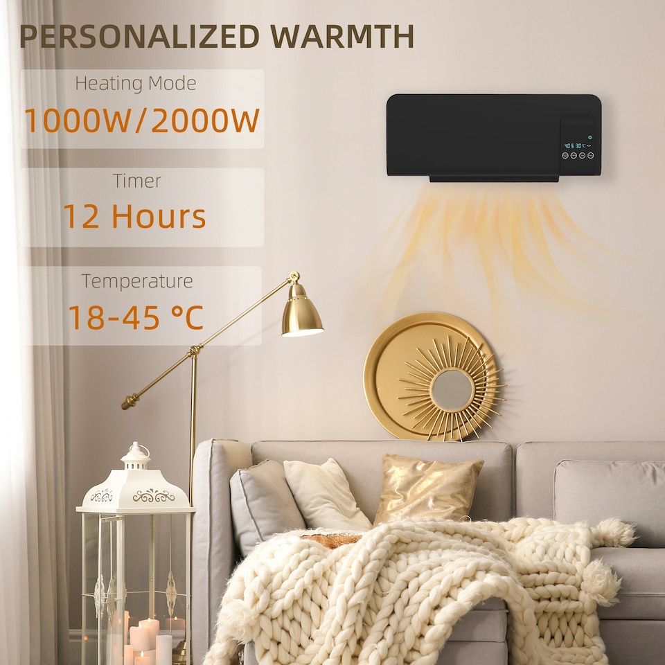 image 1 of HOMCOM 2000W Wall Mounted Ceramic Heater with Remote Control for Home Black
