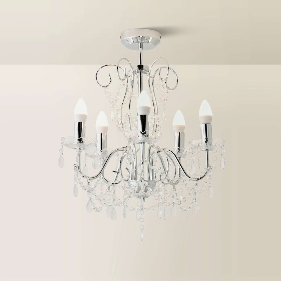 image 1 of ValueLights 5 Way Silver Chrome Ceiling Light Chandelier With Lead Crystal Droplets | Chrome