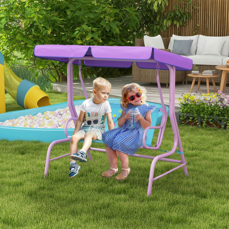 image 1 of Outsunny 2 Seater Kids Swing Chair, Fairy-Themed with Adjustable Canopy