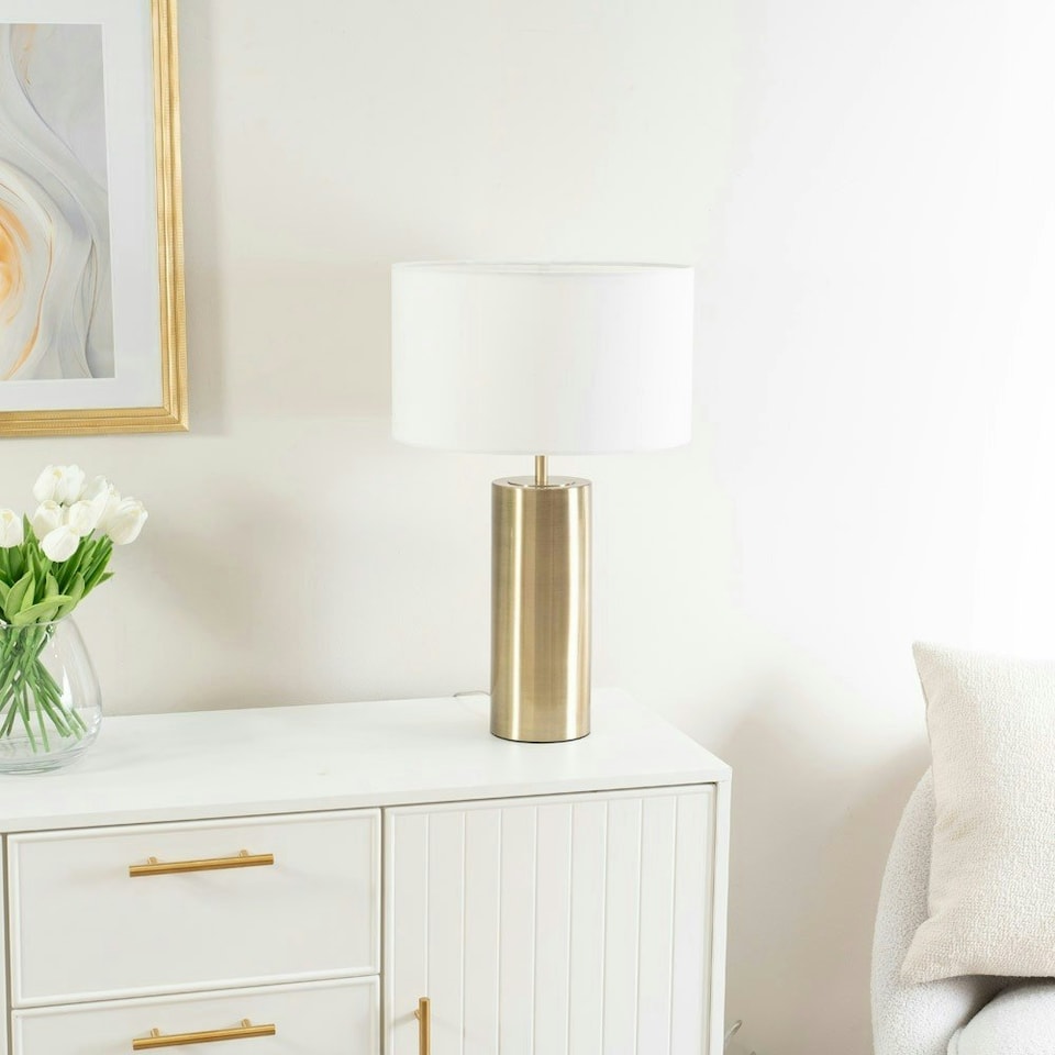 image 1 of ValueLights Lexy White Fabric Drum Shade with Antique Brass Dimmable Touch Table Lamp & LED Bulb | White