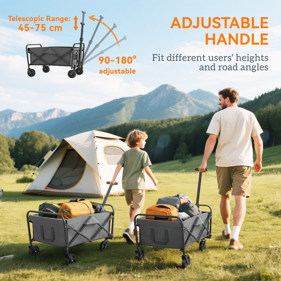 image 1 of Outsunny 62L Festival Trolley on Wheels, Garden Folding Trolley Cart, 120kg Heavy Duty Collapsible Folding Wagon with Adjustable Handle and Carrying Bag for Beach, Camping, Festival, Grey