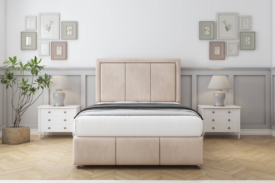 image 1 of Sloomy Lancaster Sand Naples Divan Bed Base 2 Drawers Right Side With 54 Inch Floor Standing Headboard & 12 Inch Matching Footboard | Cream | Sand | Small Single | 1