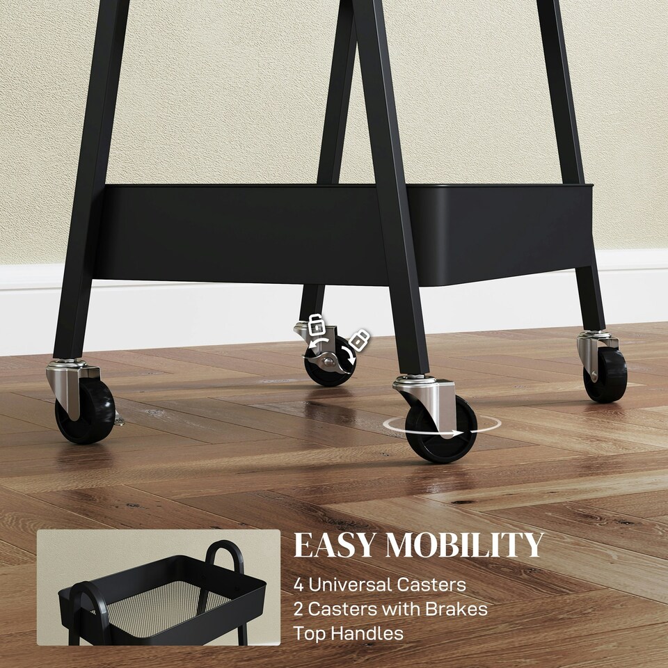 image 1 of HOMCOM 3-Tier Rolling Utility Cart Kitchen Storage Trolley on Wheels Black