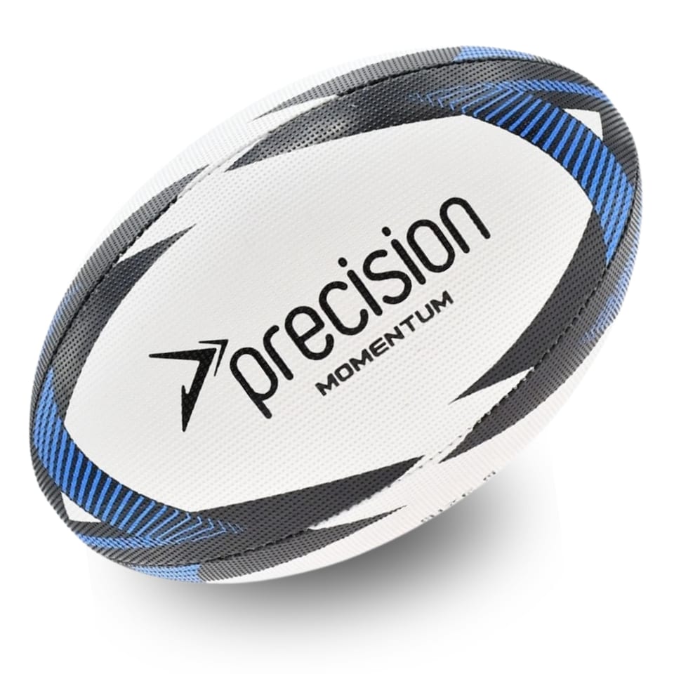 image 1 of Precision Momentum Rugby Training Ball, Premium Rubber, Hand-Stitched, All-Weather Grip, Extra Strong, Ideal For Clubs And Schools, White|Black|Blue, Size 4
