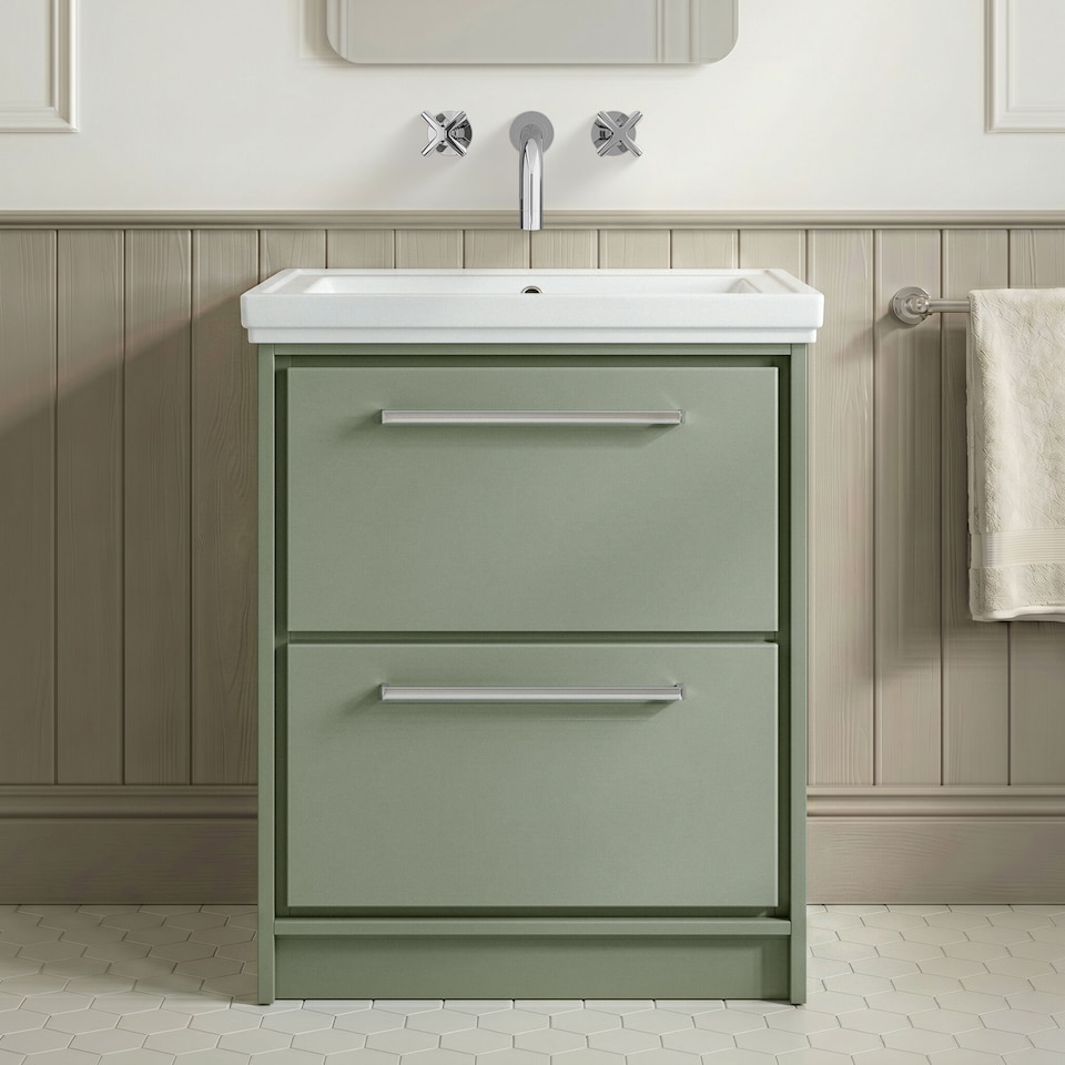 image 1 of Balterley Modern Floor Standing 2-Drawer Bathroom Vanity with Fireclay Basin | Green | Reed Green | 1