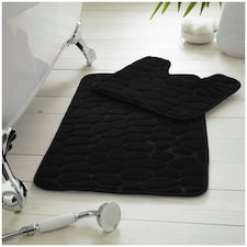 VELVETIO 2Pc Pebble Bath Mat Set Memory Foam Bathroom Toilet Rugs Black