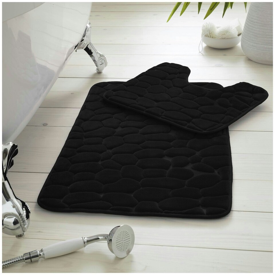 image 1 of VELVETIO 2Pc Pebble Bath Mat Set Memory Foam Bathroom Toilet Rugs Black