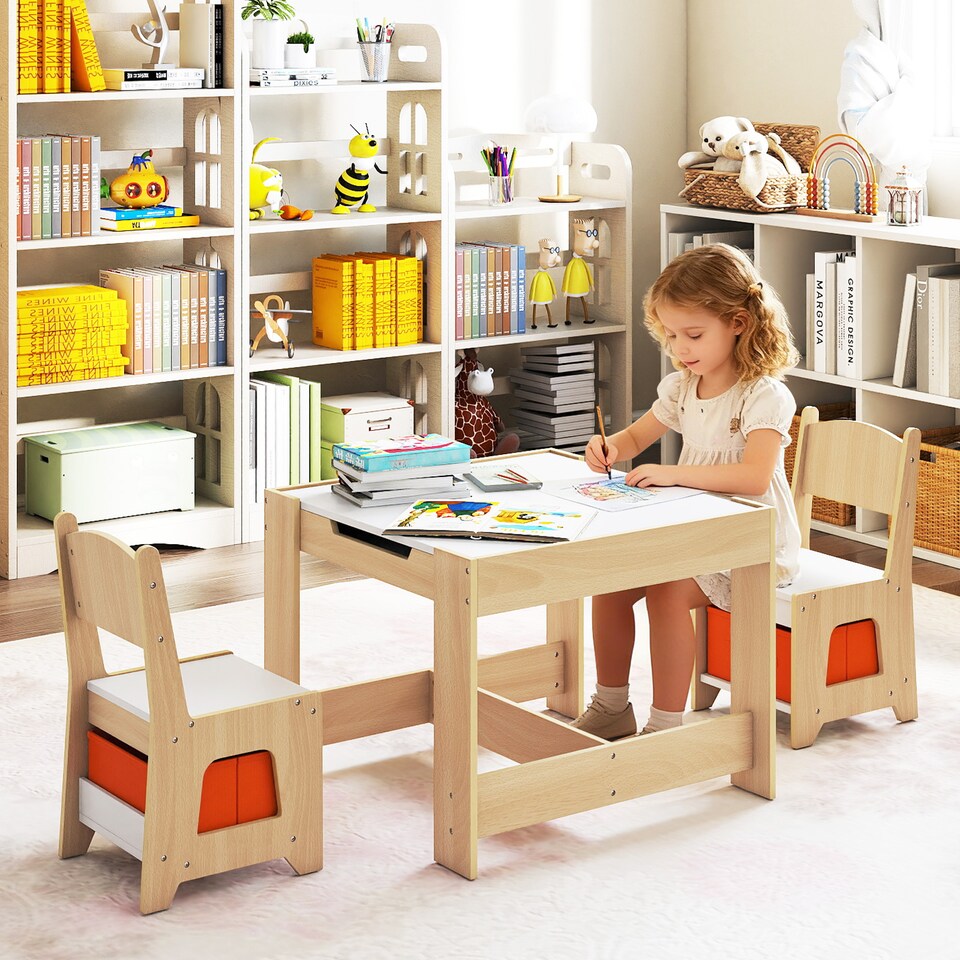 image 1 of COSTWAY Kids Table and Chairs Set Wooden Table Natural