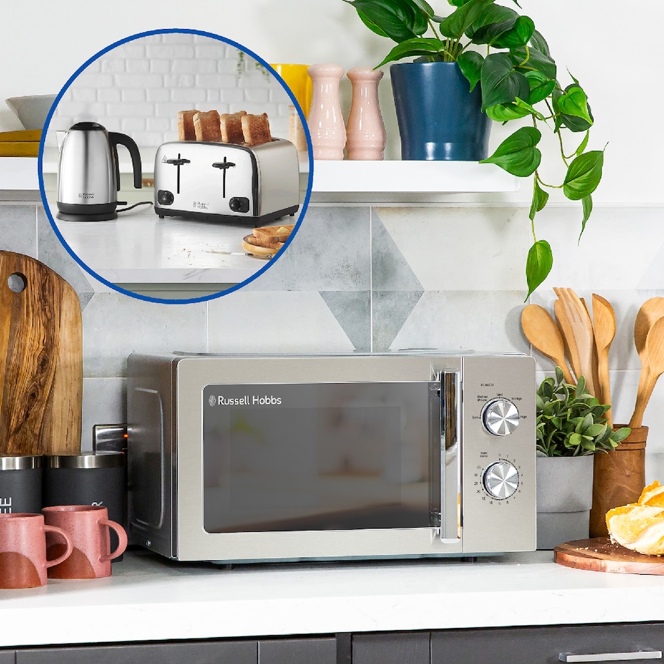 image 1 of Russell Hobbs Brushed Classics Bundle Set with Kettle, 4 Slice Toaster, and Manual Microwave CLCSBNDL4BR