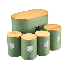 Cooks Professional 5 Piece Ribbed Tea Coffee Sugar Bread & Biscuit Cannisters with Labels | Green | Green & Silver