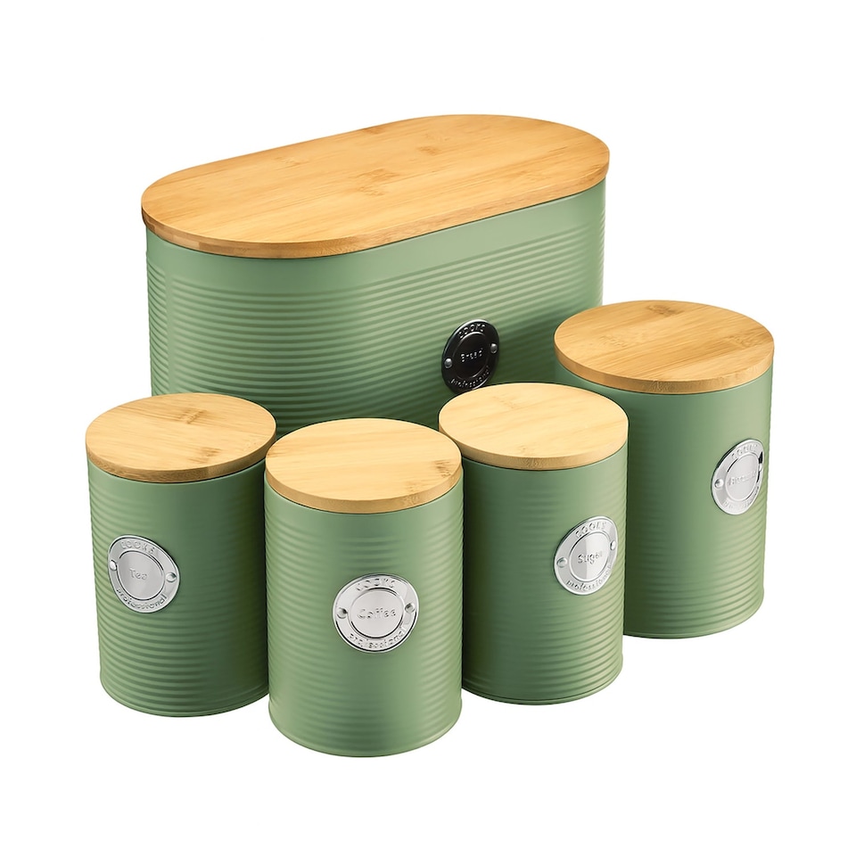 image 1 of Cooks Professional 5 Piece Ribbed Tea Coffee Sugar Bread & Biscuit Cannisters with Labels | Green | Green & Silver