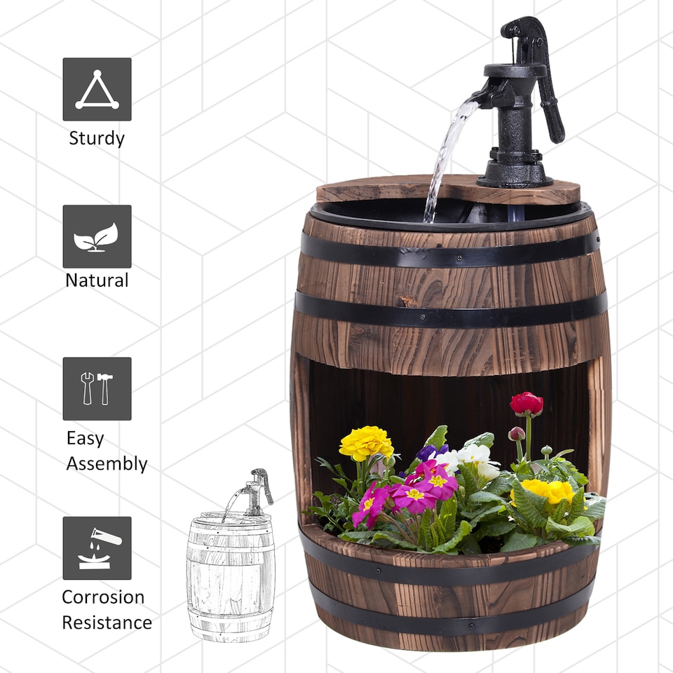 image 1 of Outsunny Wood Barrel Pump Garden Fountain Water Feature Flower Planter Stand New
