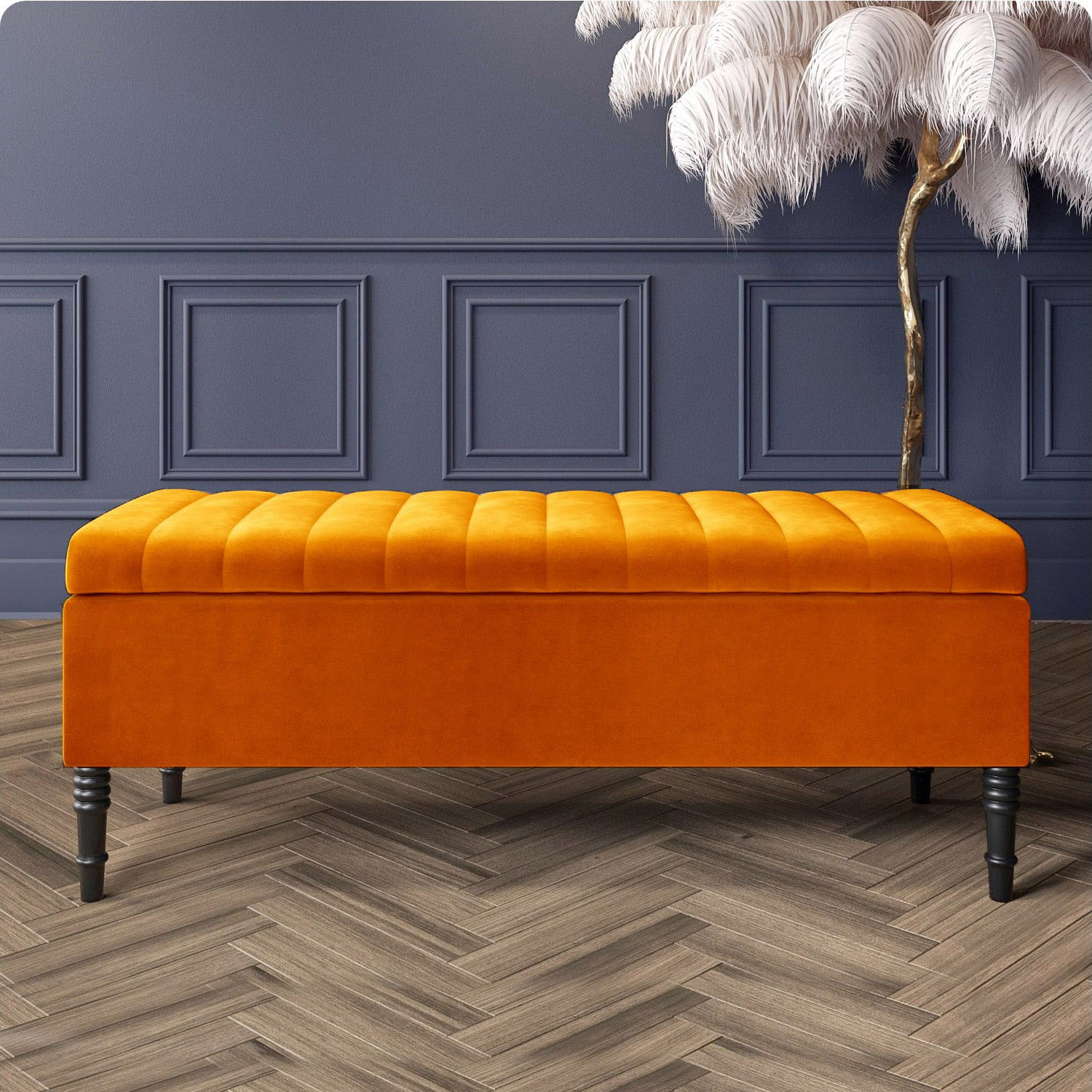 180cm Paris Striped Ottoman Storage Bench- Plush Velvet Shoe Bench - Burnt Orange Upholstery Footstool with Storage
