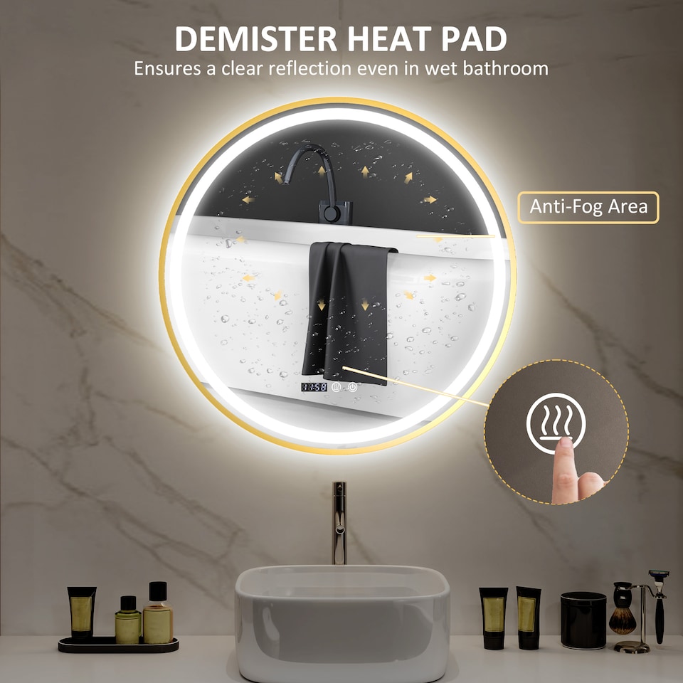 image 1 of HOMCOM 800mm Round Bathroom Mirror with LED Lights, Wall Mounted Backlit Illuminated Bathroom Mirror with Demister, 3 Colours Dimmable, Memory Function, Touch Switch, Time and Temp Display, Gold Tone