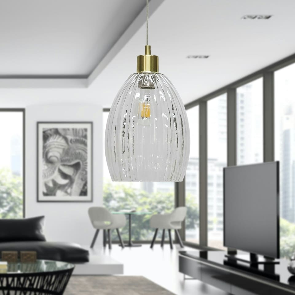 image 1 of First Choice Lighting Birch Clear Fluted Glass with Satin Brass Pendant Fitting Bronze | Clear