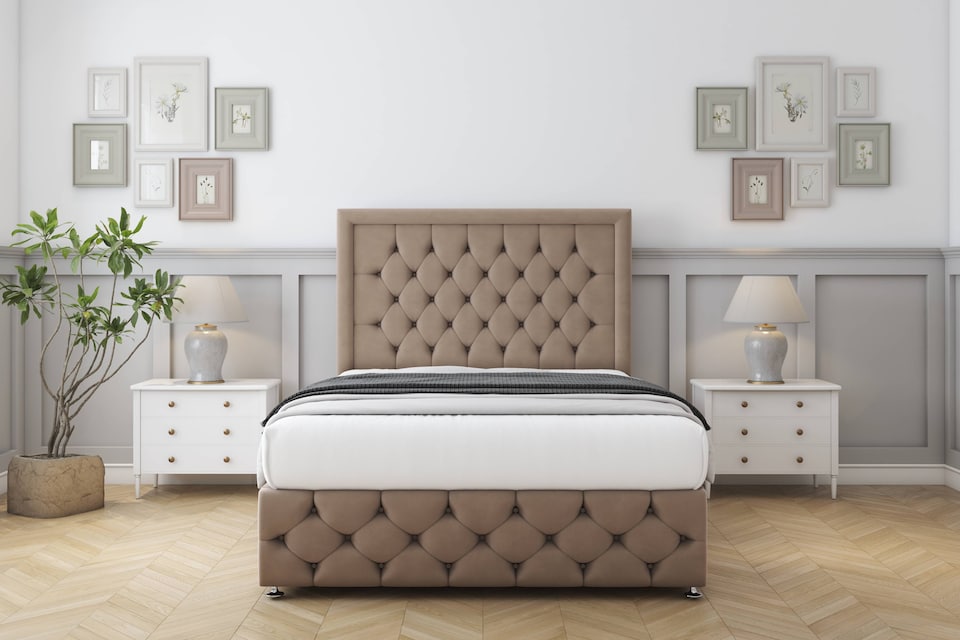 image 1 of Sloomy Vienna Mink Plush Divan Bed Base 2 Drawers Foot-End With 26 Inch Strutted Headboard & 12 Inch Matching Footboard | Brown | Mink | Small Double | 1
