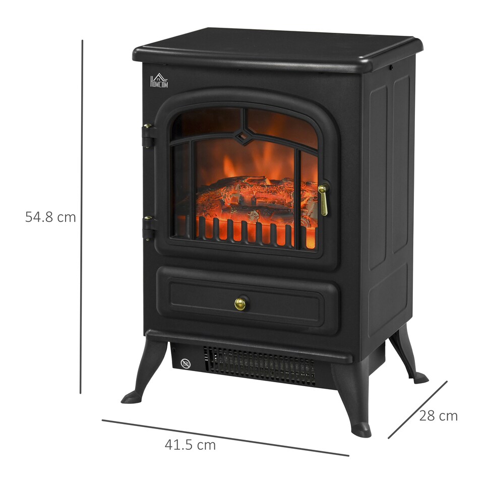 image 1 of HOMCOM Freestanding Electric Fireplace Indoor Heater Glass View Log Wood Burning Effect Flame Portable Fireplace Stove 9501850W Black