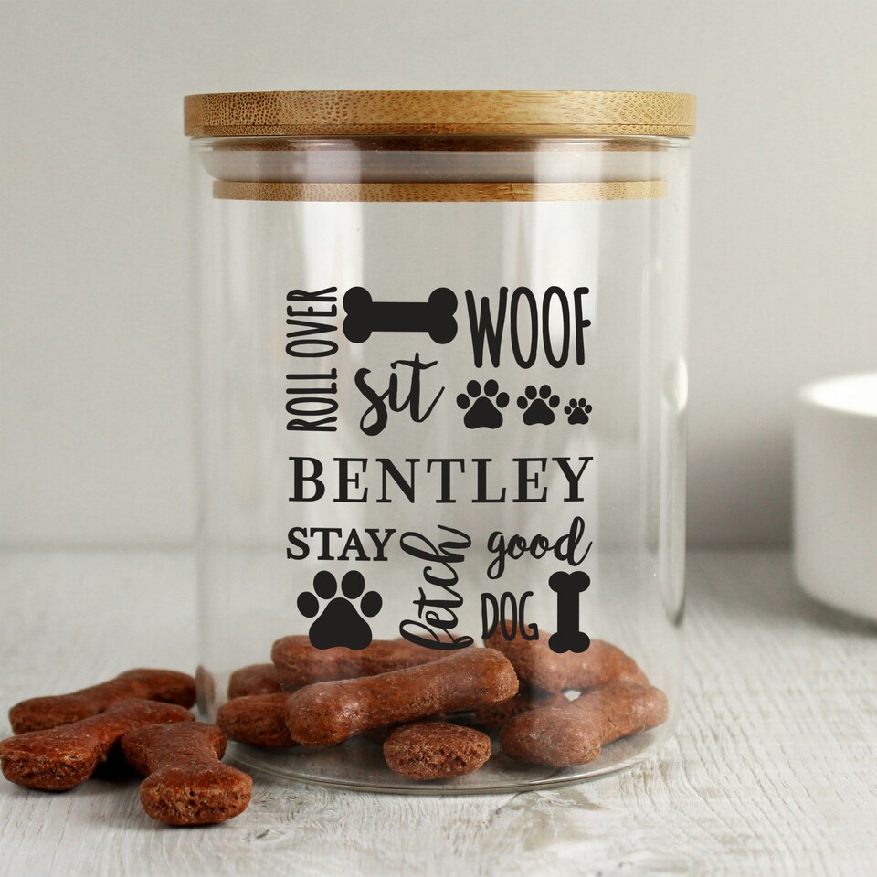 image 1 of Personalised Glass Dog Treat Jar with Bamboo Lid