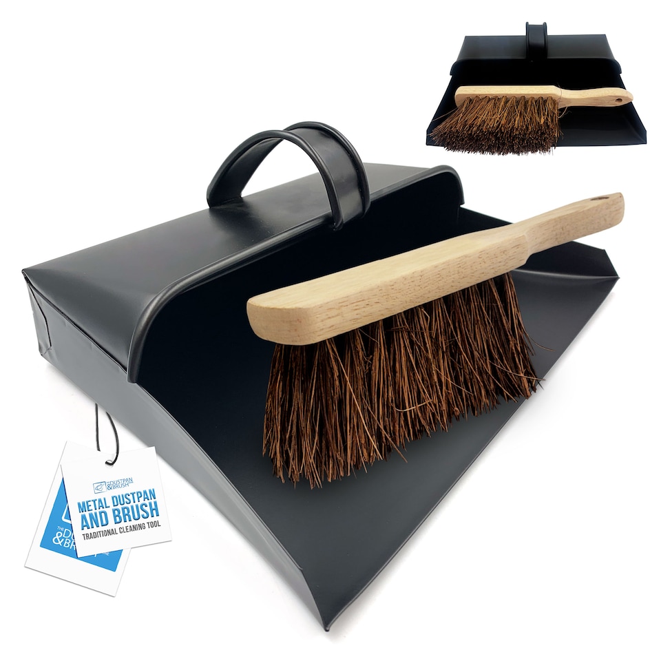 image 1 of Black Hooded Metal Dustpan and Brush Set Traditional Stiff Brush with Ash Pan Design