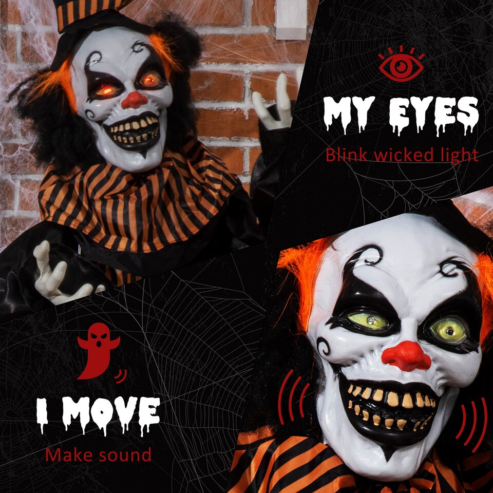 image 1 of Outsunny 67 Inch Life Size Outdoor Halloween Decorations Talking Circus Clown, Animated Prop Animatronic Decor with Light Up Eyes, Laughter