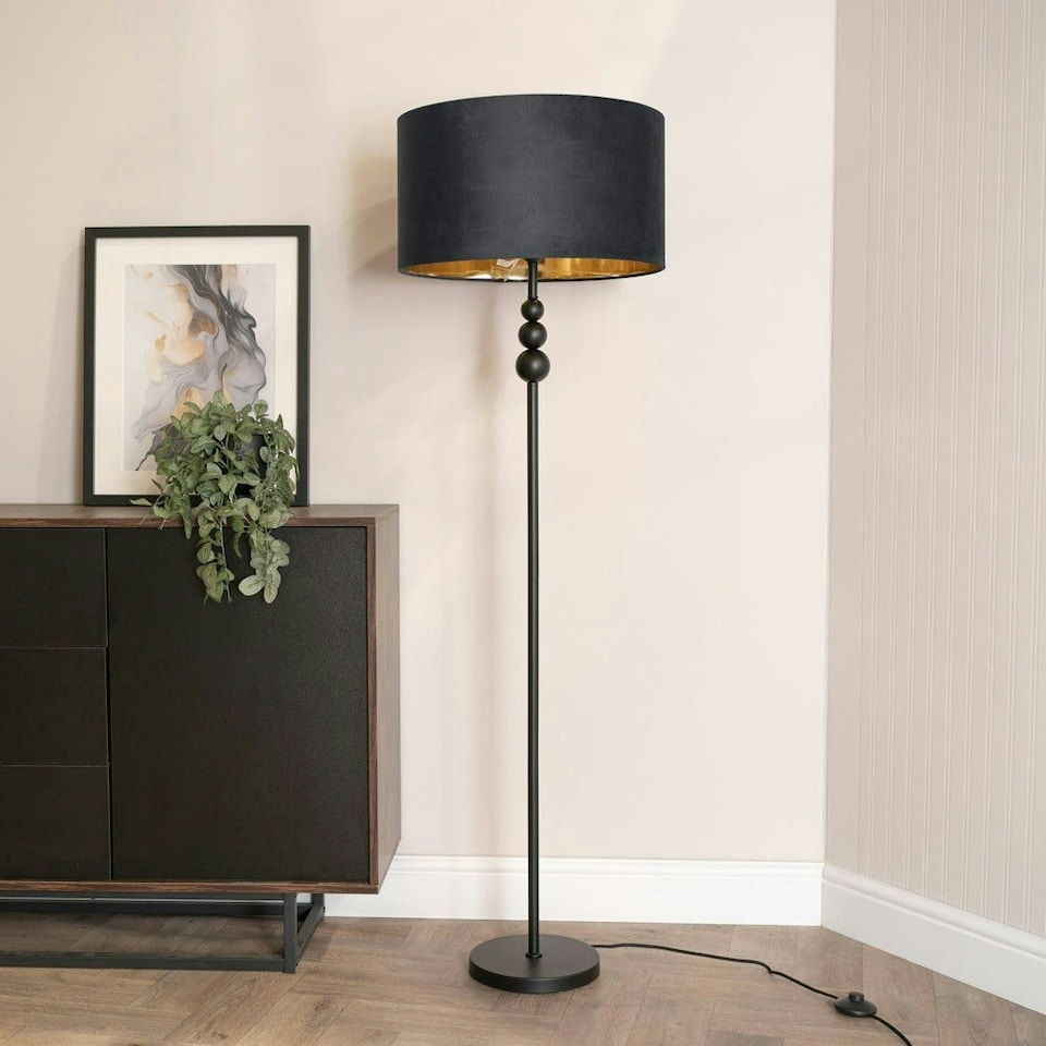 image 1 of ValueLights Marissa Black Stacked Ball Floor Lamp with Black Velvet with Gold Inner Lamp Shade