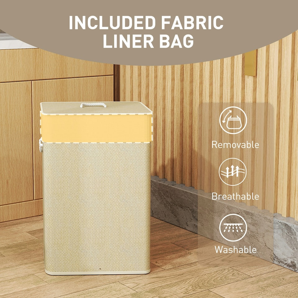 image 1 of HOMCOM Laundry Hamper with Removable Washable Liner Bag, Nature Wood Finish Brown | Cream