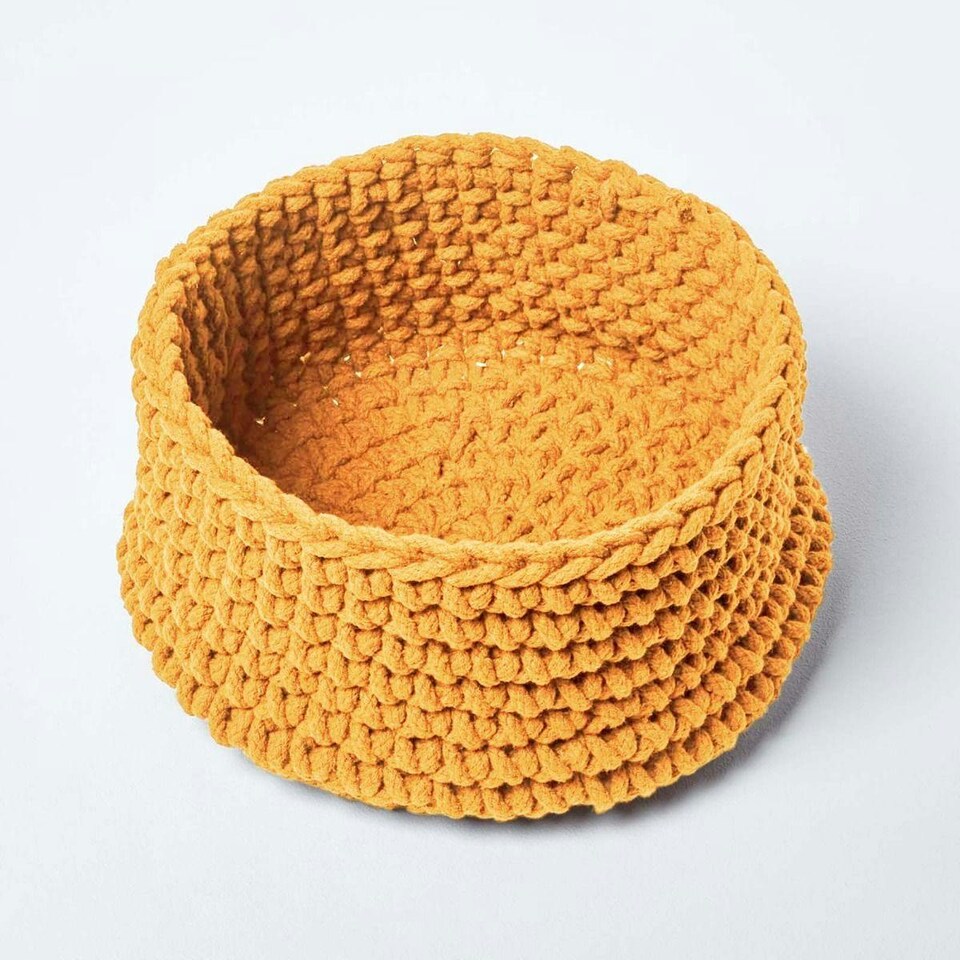 image 1 of Homescapes Yellow Cotton Knitted Round Storage Basket - 37 x 21 cm | Yellow | Yellow | M