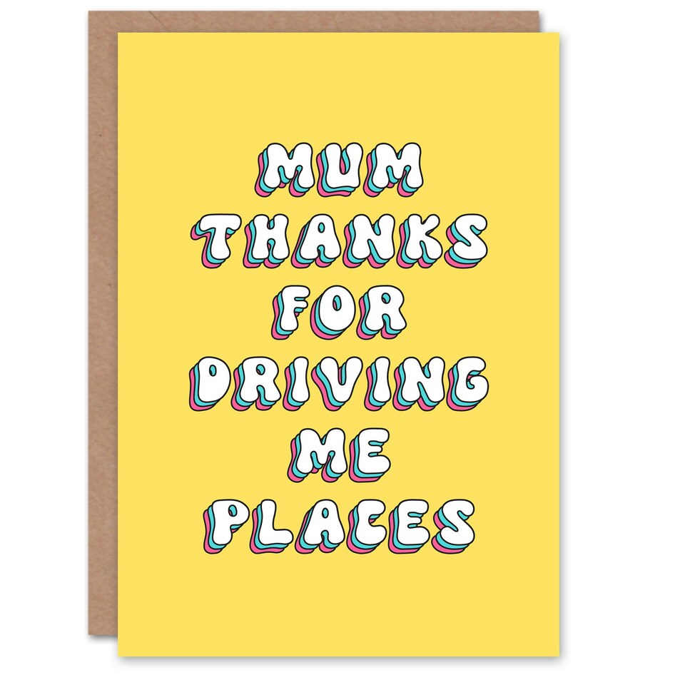 image 1 of Thanks Driving Me Places Bright Retro Yellow Mum Birthday Card