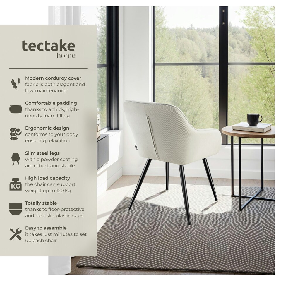 image 1 of Dining Chair Marilyn - corduroy look, upholstered, armchair, continuous backrest - per piece Cream | Cream/Black