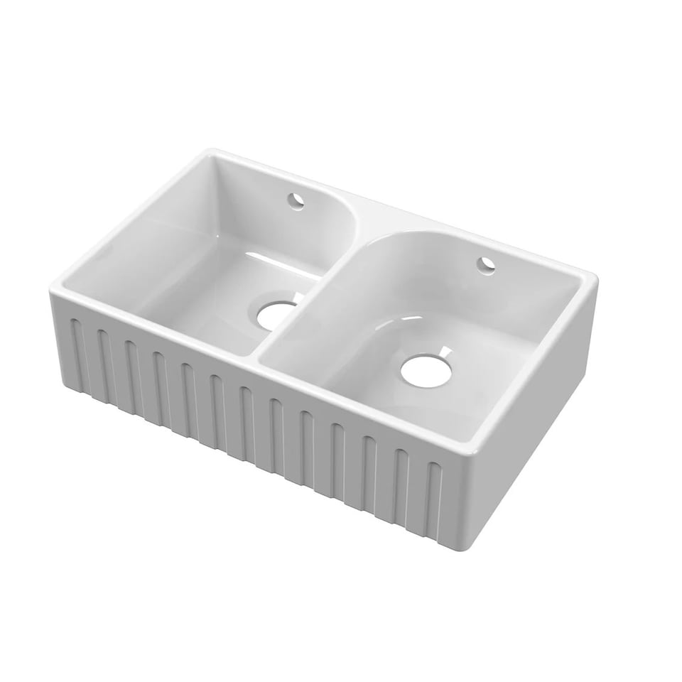 image 1 of Fireclay Kitchen Double Bowl Fluted Front Butler Sink Full Weir 795mm