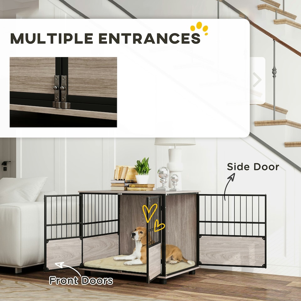 image 1 of PawHut 80cm Dog Crate Furniture Dog Cage End Table Indoor w/ Doors, Cushion