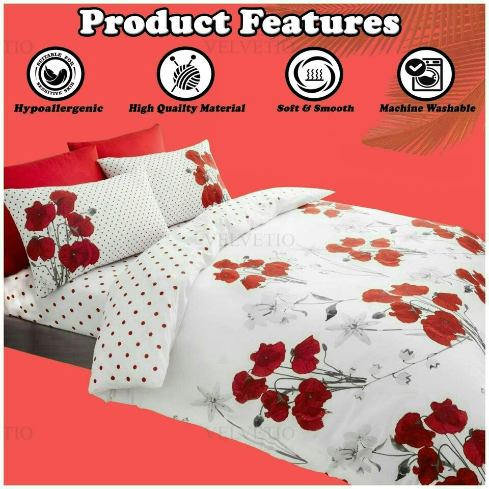 image 1 of VELVETIO Poppy Flower Duvet Cover Set Reversible Polycotton Easy Care Beddings Red | Super King