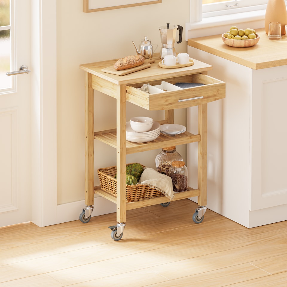 image 1 of SoBuy Kitchen Trolley with Drawer and 2 Shelves, Natural Bamboo, 22.8x15.7x33.8 in, 10.75 kg - FKW135-N