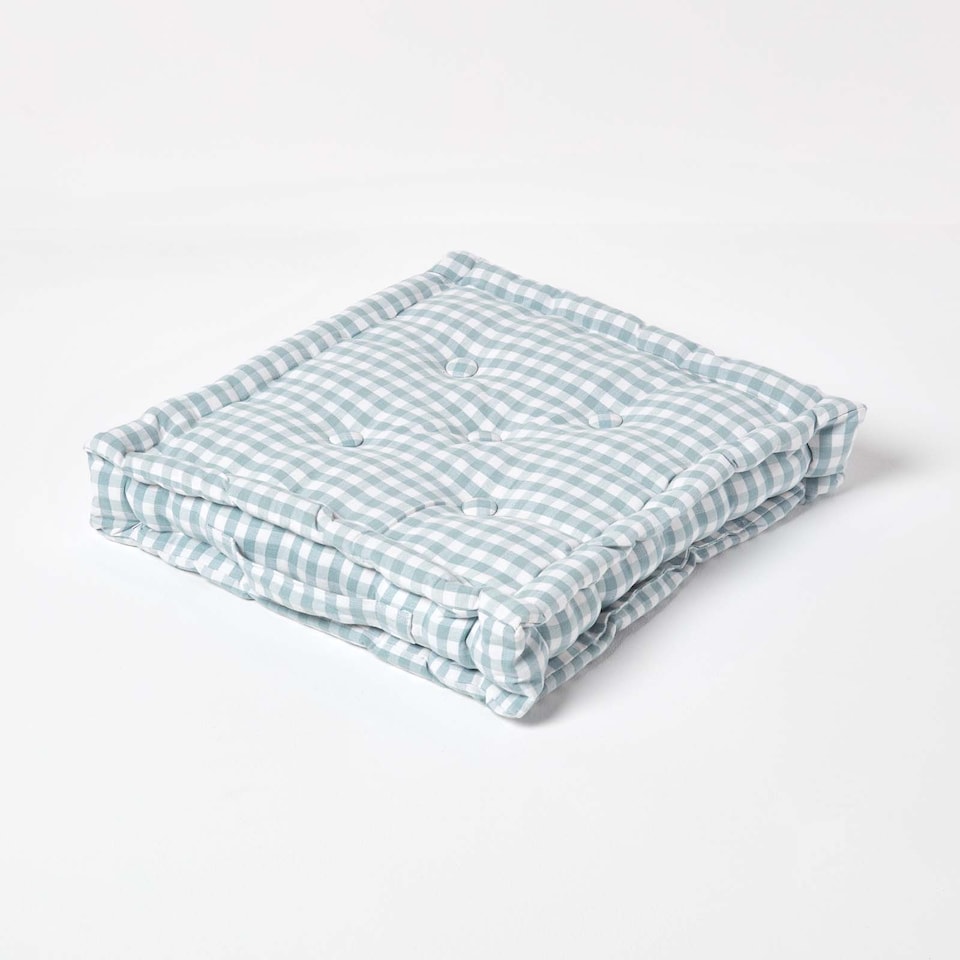 image 1 of Homescapes Cotton Gingham Check Blue Floor Cushion - 50 x 50 cm | Blue | 50 x 50 cm