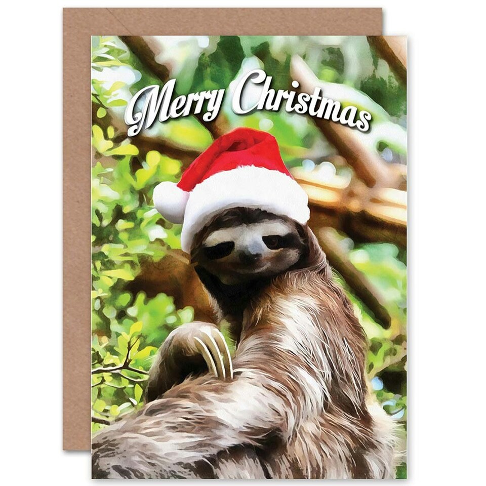 image 1 of Xmas Merry Sleepy Santa Present Sloth Christmas Card