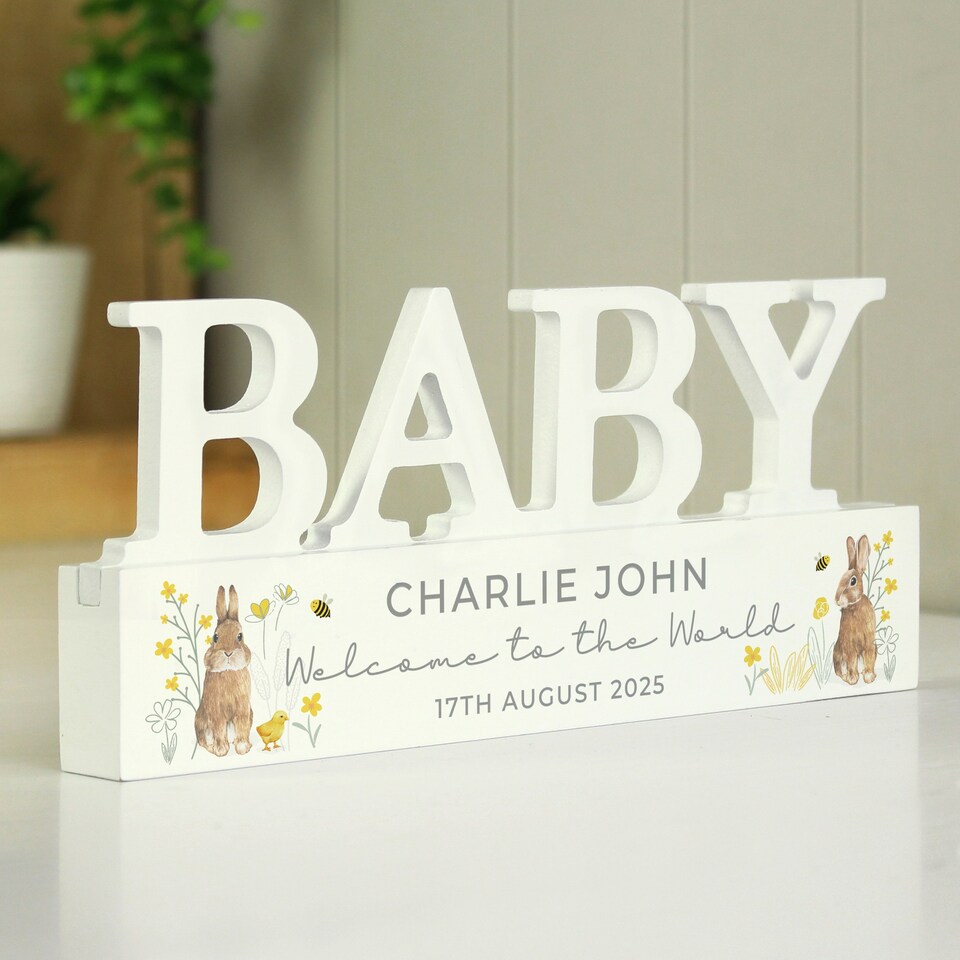 image 1 of Personalised Spring Bunny Baby Wooden Ornament