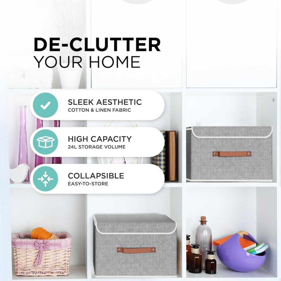 image 1 of DMD 5-Pack Collapsible Storage Boxes with Lids, Stackable Fabric Storage Cubes | Grey