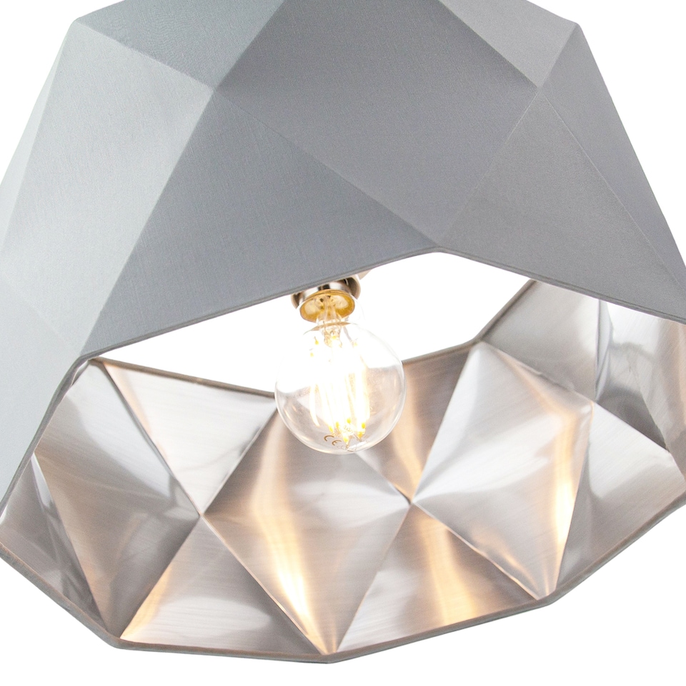 image 1 of Grey Cotton 12 Inch Geometric Shade with Inner Brushed Silver Metal Effect Lining | Grey
