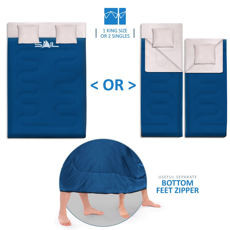 image 1 of SAIL Buddy Double Sleeping Bag with 2 Pillows - Extra Large 220x150cm, 250GSM, Water-Resistant