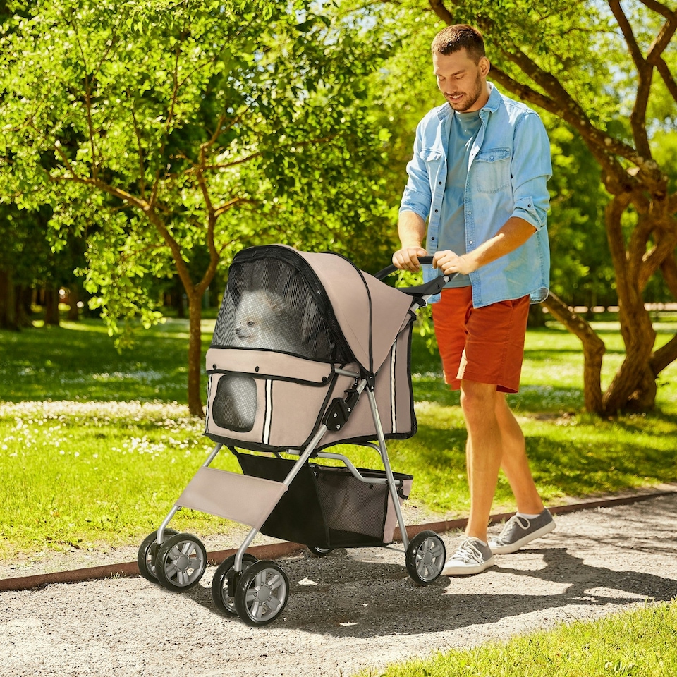 image 1 of PawHut Pet Stroller Carrier Foldable Deluxe Jogger Walk Travel Dog Cat Brown