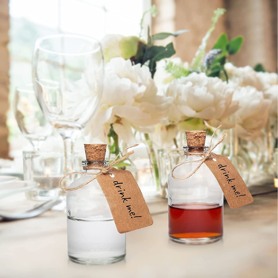 image 1 of 50ml Clear Mini Glass Bottles with Corks and Craft Labels