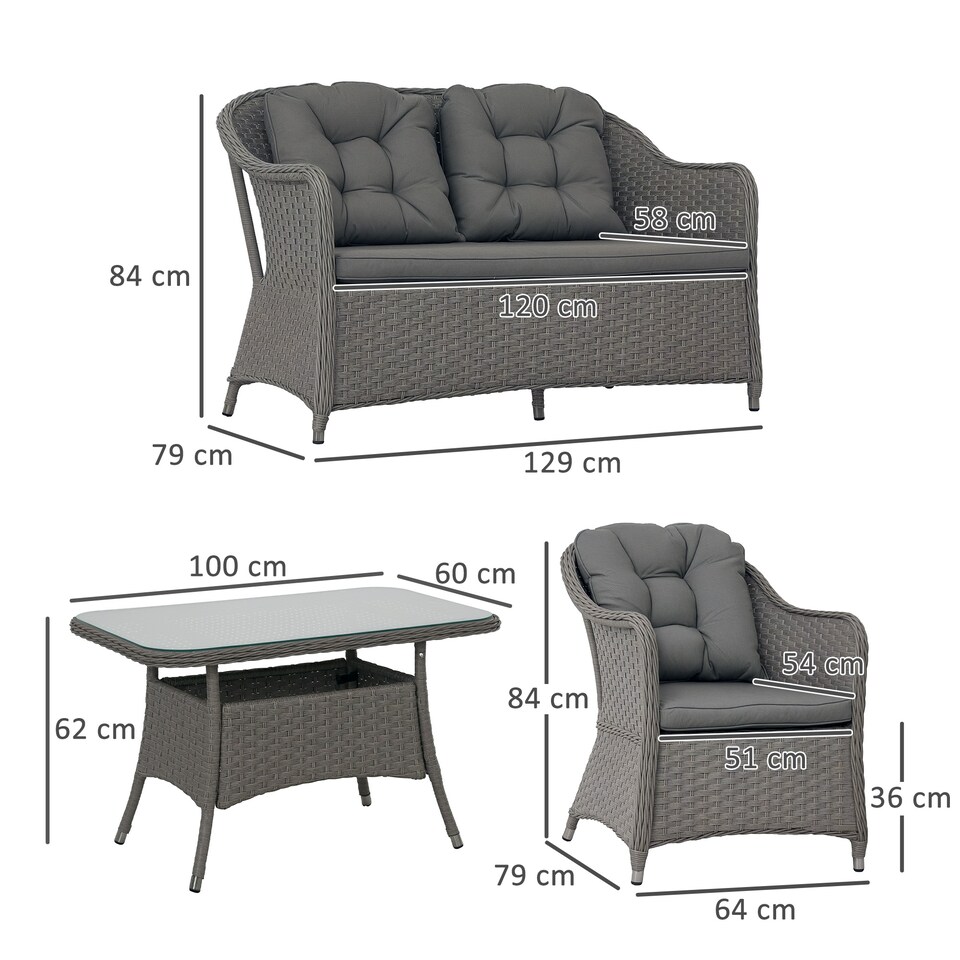 image 1 of Outsunny 4 Pieces Rattan Garden Furniture Set, Round Wicker Garden Sofa Set with Loveseat, Armchairs and Glass Top Table, Outdoor Conservatory Furniture with Cushions for Patio, Balcony, Light Grey
