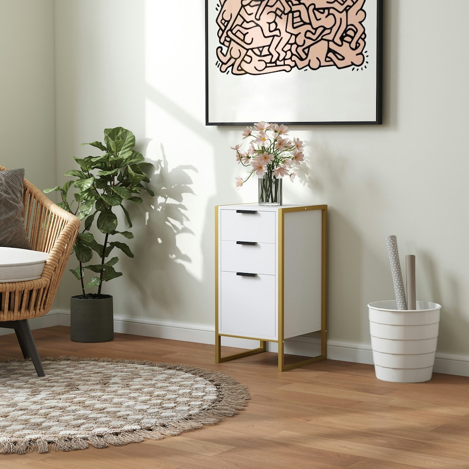 image 1 of HOMCOM Industrial 3-Drawer Bedroom Chest of Drawers with Metal Frame, White | White | 39cmx40cmx76.5cm