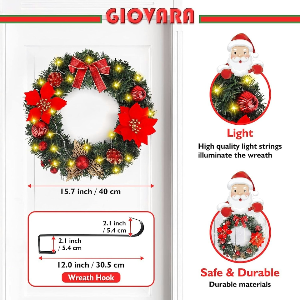 image 1 of Christmas Wreath, Artificial Door Wreath with 30 LED Lights and Hanger