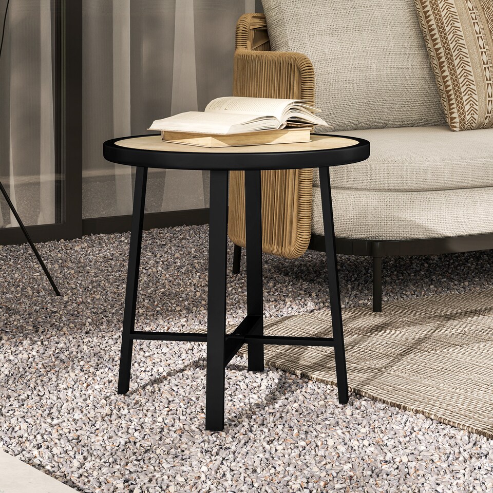 image 1 of Outsunny Round Small Garden Table, 50.5cm Outdoor Side Table with SPC Tabletop, Metal Frame and Anti-slip Foot Pads for Garden, Balcony, Nature Wood Finish | Multi | Natural wood finish