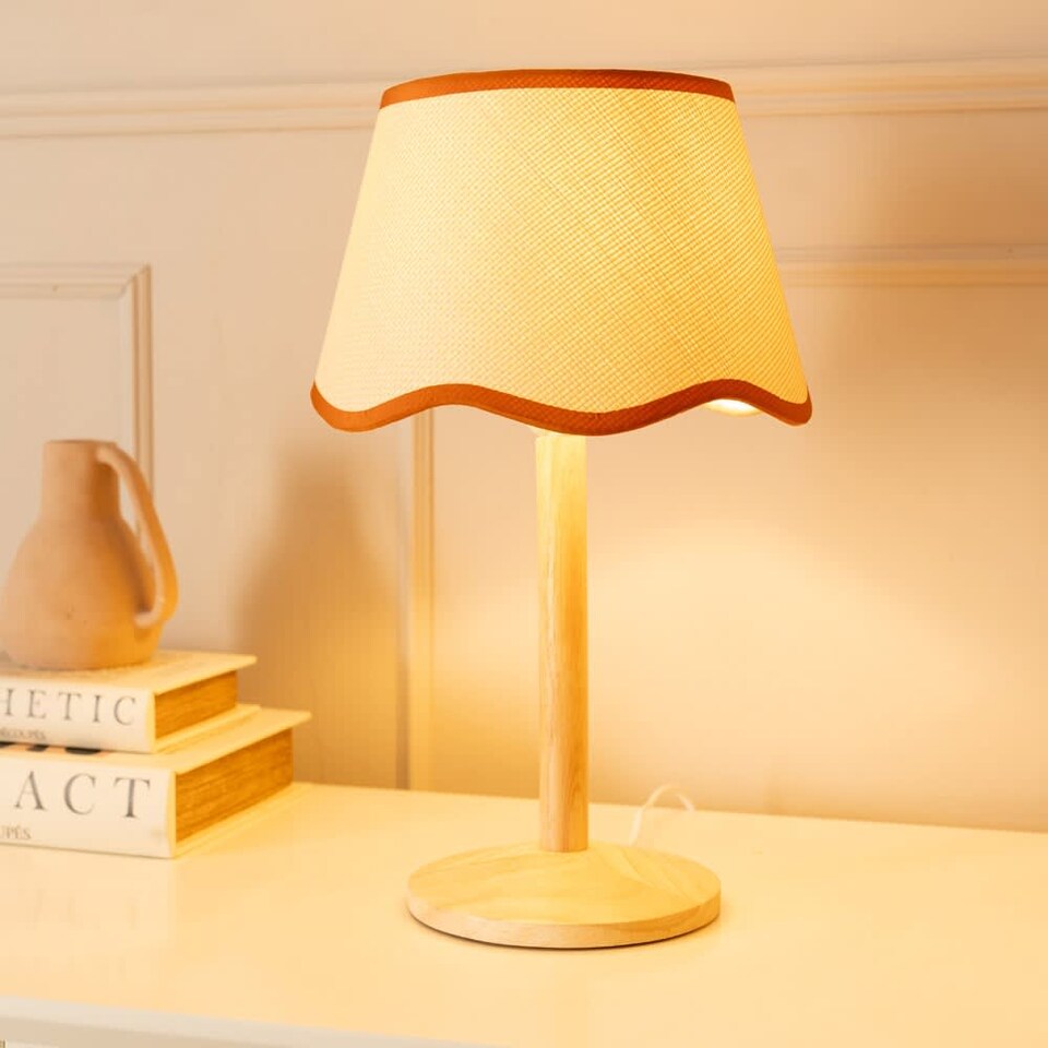 image 1 of ValueLights Triston Light Wood Table Lamp Scallop Rust Trim Taper Shade