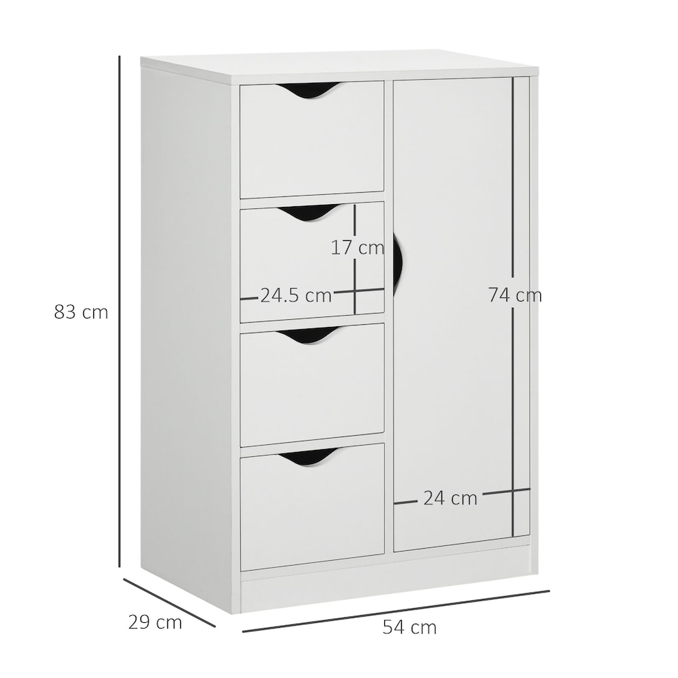image 1 of HOMCOM Bathroom Floor Cabinet, Freestanding Storage Unit with 4 Drawers and Door Cupboard for Living Room, Kitchen, Bedroom, White