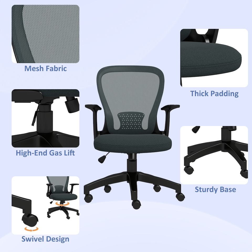 image 1 of Vinsetto Mesh Office Chair, Ergonomic Computer Desk Chair with Flip-up Armrest, Lumbar Back Support, Adjustable Height, Swivel Wheels, Charcoal Grey
