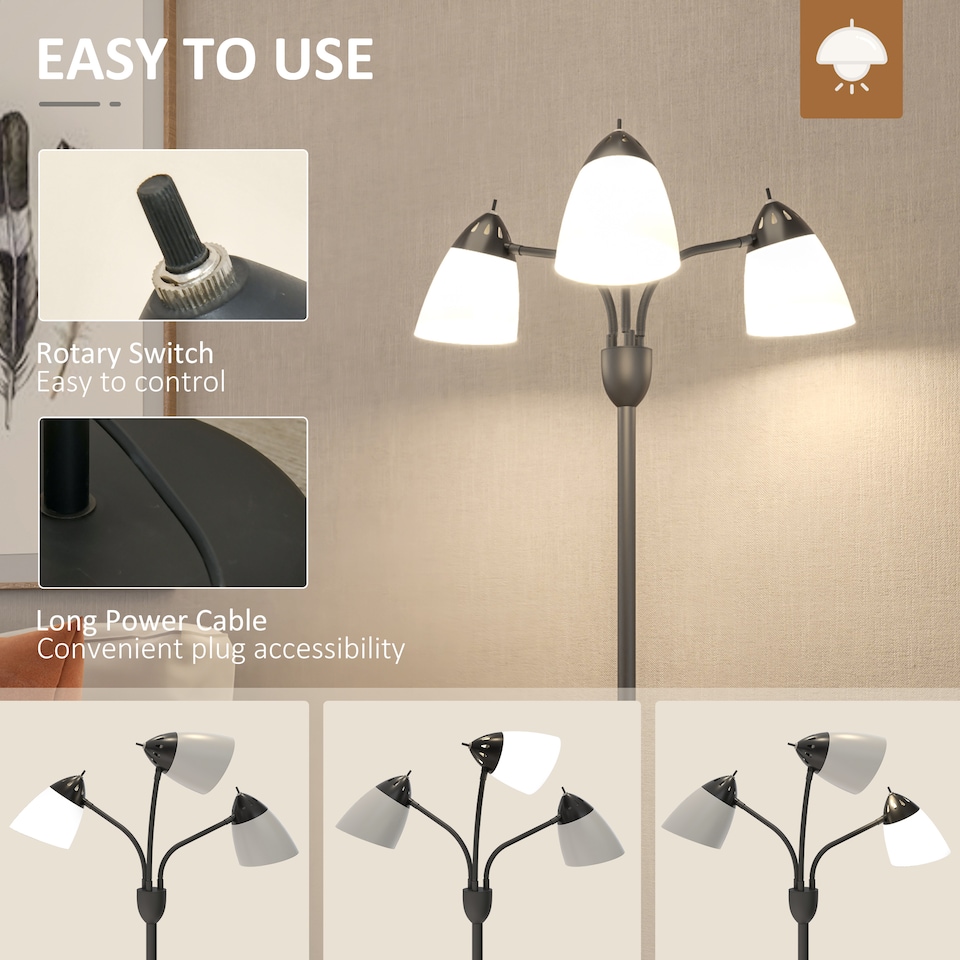 image 1 of HOMCOM Arc Tree Floor Lamp with 3 Adjustable Rotating Lights, Industrial Standing Lamp with Steel Frame for Bedroom Living Room, 155cm, Black