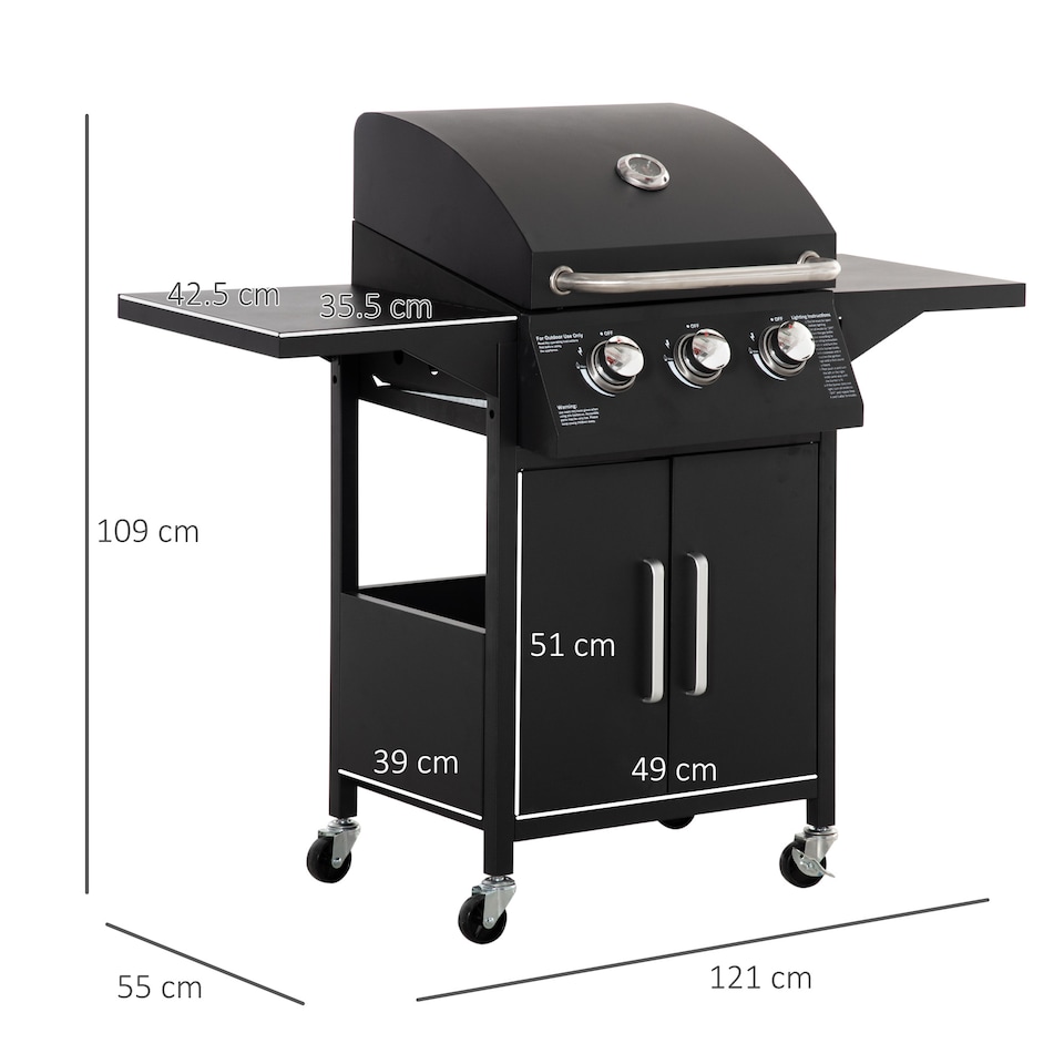 image 1 of Outsunny 3 Burner Gas Grill Portable Barbecue Trolley with Side Shelves